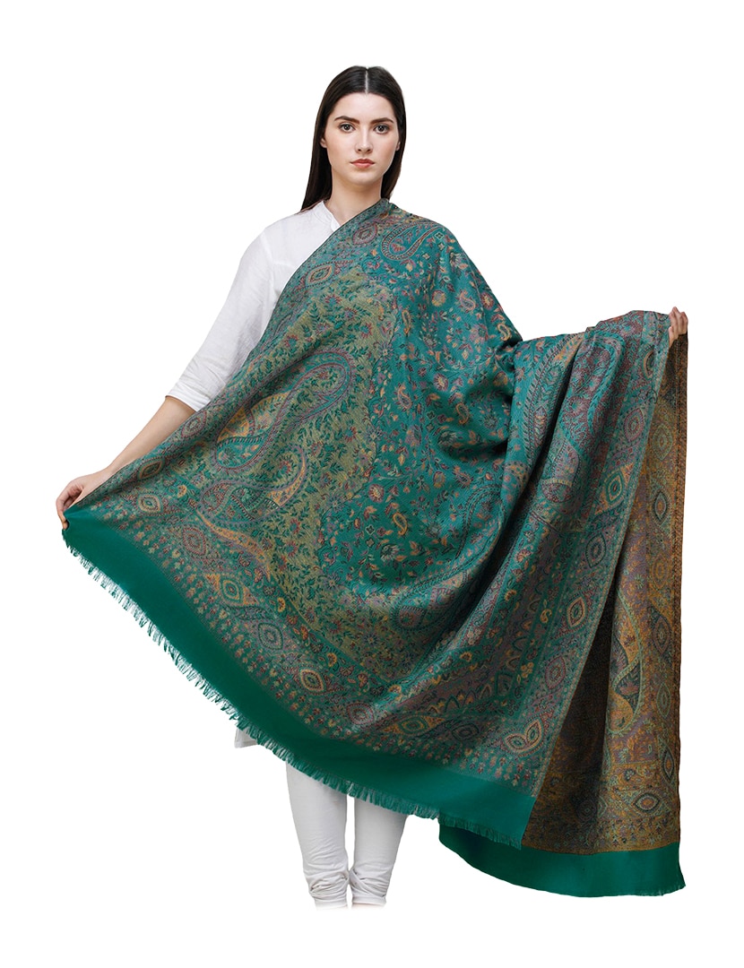 Finom Indiai zöld stóla - EW14TZ-himzett-gyapju-selyem-sal-indiabol-a