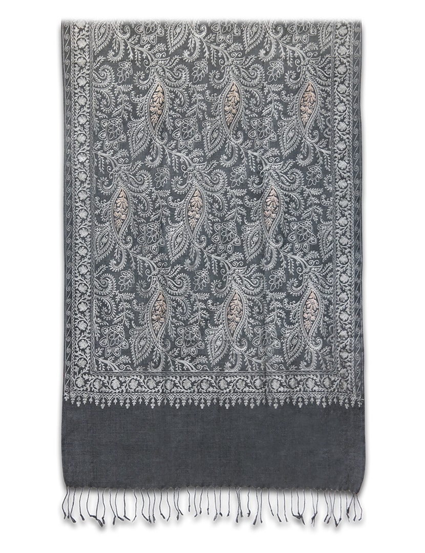 Selyem hímzett szürke stóla - EXGY24-FSZ-himzett-gyapju-selyem-sal-indiabol-c