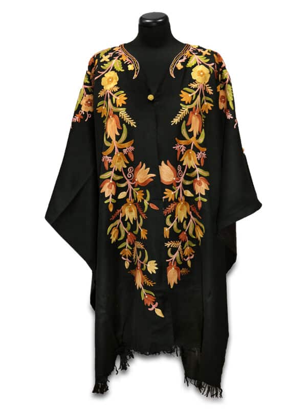 Zöldesbarna színű hímzett poncsó - KPOE-FSZ16-himzett-noi-gyapju-poncso-indiabol-a