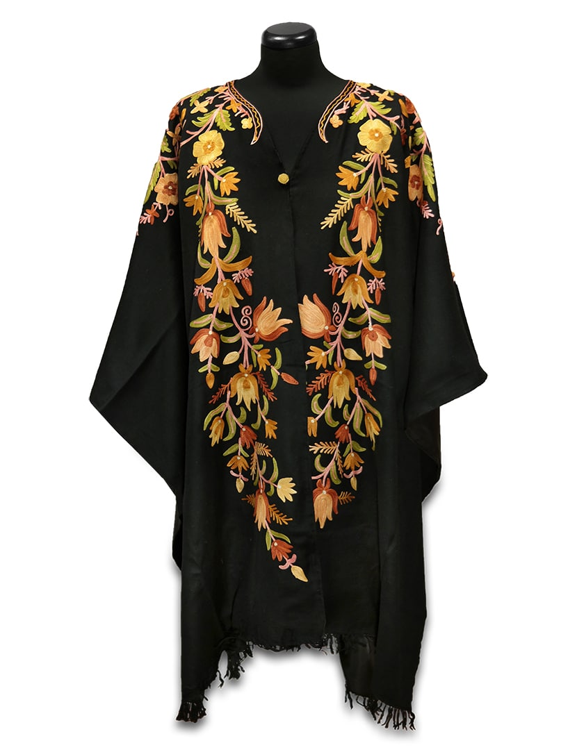 Zöldesbarna színű hímzett poncsó - KPOE-FSZ16-himzett-noi-gyapju-poncso-indiabol-a