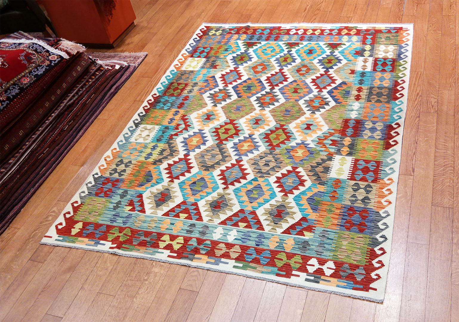 Kilim woven carpet 241 x 182 cm - SPM30-1878-maimana-kilim-hand-woven-wool-carpet-from-pakistan-c Kilim woven carpet 241 x 182 cm - SPM30-1878-maimana-kilim-hand-woven-wool-carpet-from-pakistan-c