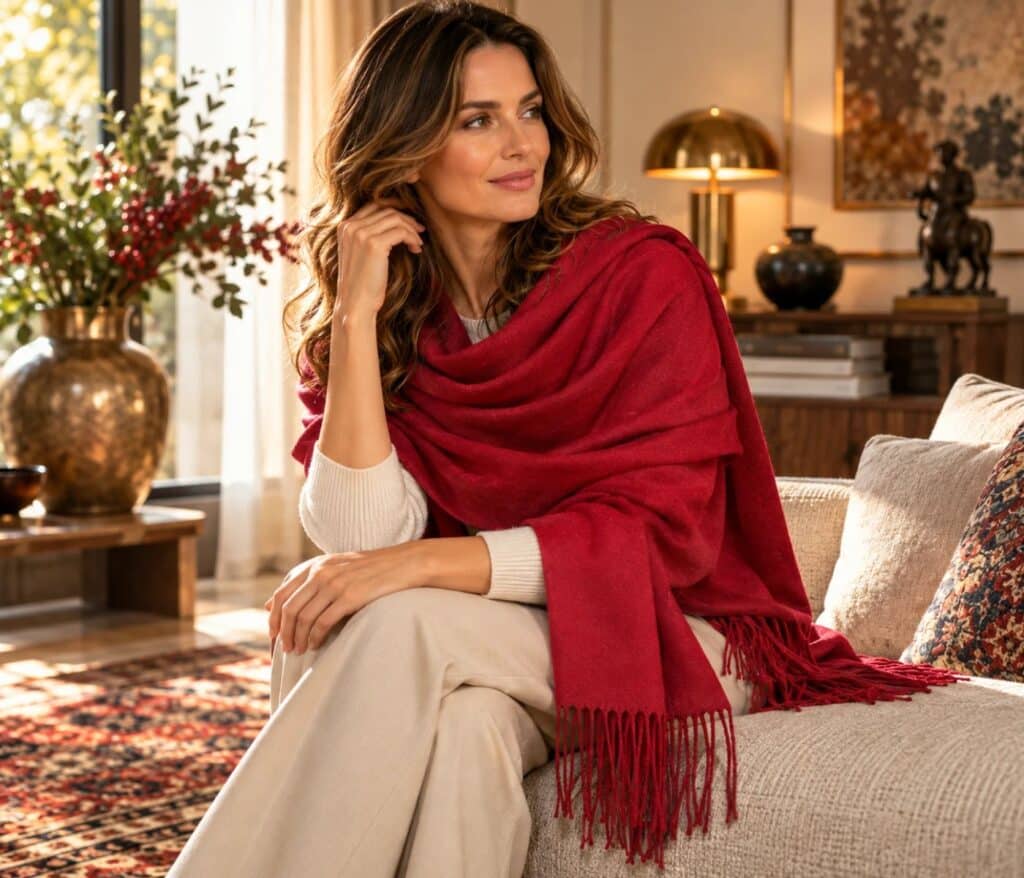Nő bordó selyem-gyapjú pashmina sállal a vállán, meleg fényű nappaliban, keleti szőnyeggel